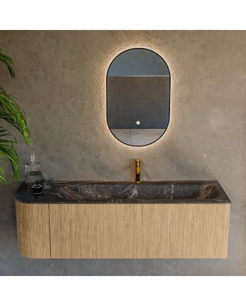 Mondiaz Kurve-Dlux 145cm badmeubel ronding Links kleur Oak met 1 lade en 1 deur. Wastafel Big large Rechts 1 kraangat Lava.