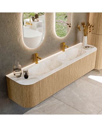 Mondiaz Kurve-Dlux 190cm badmeubel ronding Links + Rechts kleur Oak met 2 lades en 2 deuren. Wastafel Stor small Dubbel 2 kraangaten Frappe.