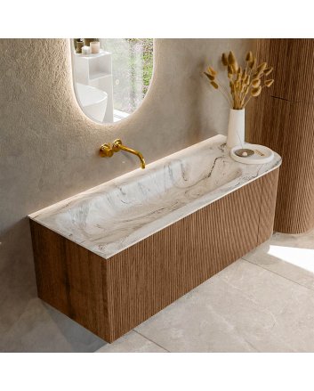 Mondiaz Kurve-Dlux 125cm badmeubel ronding Rechts kleur Walnut met 1 lade en 1 deur. Wastafel Big medium Links zonder kraangat Glace.