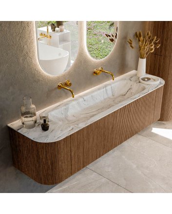 Mondiaz Kurve-Dlux 170cm badmeubel ronding Links + Rechts kleur Walnut met 1 lade en 2 deuren. Wastafel Big large Midden zonder kraangat Glace.