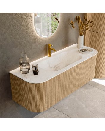 Mondiaz Kurve-Dlux 130cm badmeubel ronding Links + Rechts kleur Oak met 1 lade en 2 deuren. Wastafel Big small Midden 1 kraangat Frappe.