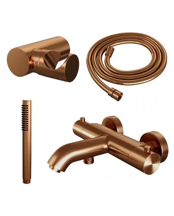 BRAUER Copper Edition opbouw baddouche thermostaatkraan SET 03 met wandhouder en staaf handdouche en doucheslang koper geborsteld PVD