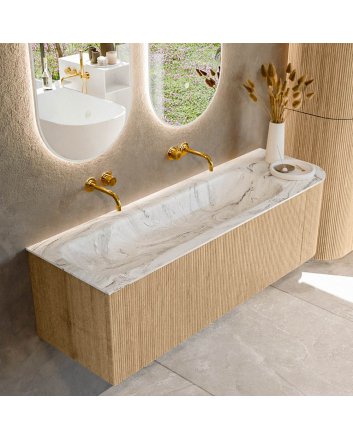 Mondiaz Kurve-Dlux 145cm badmeubel ronding Rechts kleur Oak met 1 lade en 1 deur. Wastafel Big large Links zonder kraangat Glace.