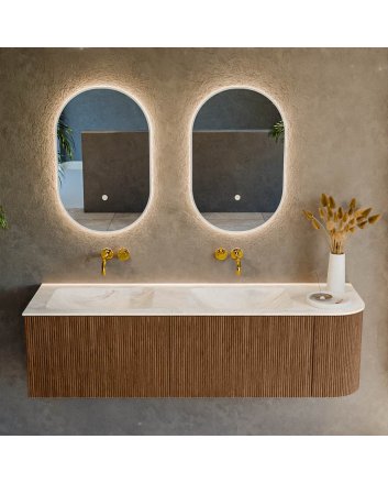 Mondiaz Kurve-Dlux 155cm badmeubel ronding Rechts kleur Walnut met 2 lades en 1 deur. Wastafel Leaf Dubbel / Links zonder kraangat Ostra.