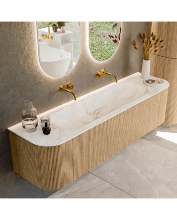 Mondiaz Kurve-Dlux 170cm badmeubel ronding Links + Rechts kleur Oak met 1 lade en 2 deuren. Wastafel Big large Midden zonder kraangat Frappe.