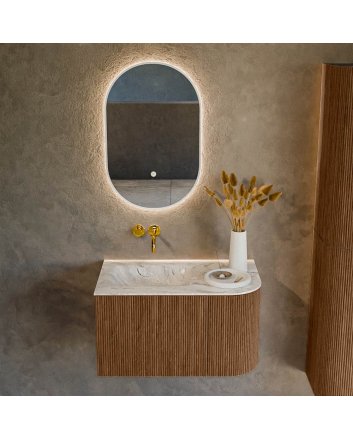 Mondiaz Kurve-Dlux 75cm badmeubel ronding Rechts kleur Walnut met 1 lade en 1 deur. Wastafel Grunne Links zonder kraangat Glace.