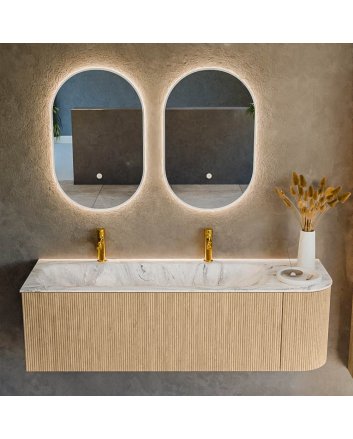 Mondiaz Kurve-Dlux 145cm badmeubel ronding Rechts kleur Oak met 1 lade en 1 deur. Wastafel Big large Links 2 kraangaten Glace.