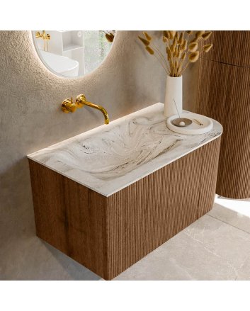 Mondiaz Kurve-Dlux 85cm badmeubel ronding Rechts kleur Walnut met 1 lade en 1 deur. Wastafel Cloud Links zonder kraangat Glace.