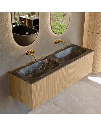 Mondiaz Kurve-Dlux 140cm badmeubel kleur Oak met 2 lades en 0 deuren. Wastafel Stor small Dubbel zonder kraangat Lava.