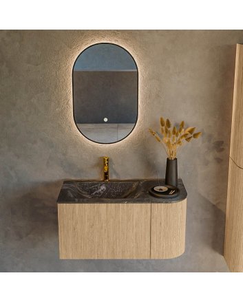 Mondiaz Kurve-Dlux 85cm badmeubel ronding Rechts kleur Oak met 1 lade en 1 deur. Wastafel Cloud Links 1 kraangat Lava.