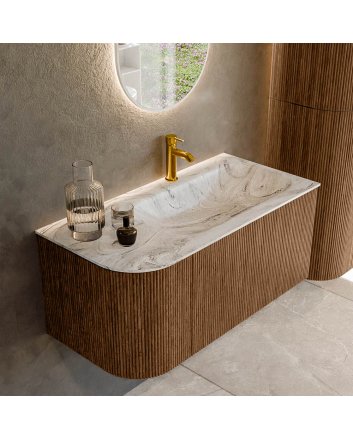 Mondiaz Kurve-Dlux 95cm badmeubel ronding Links kleur Walnut met 1 lade en 1 deur. Wastafel Big small Rechts 1 kraangat Glace.