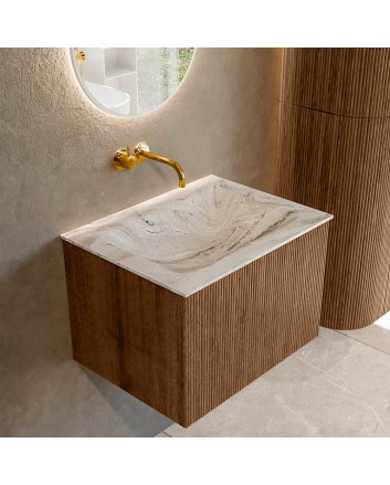 Mondiaz Kurve-Dlux 60cm badmeubel kleur Walnut met 1 lade en 0 deuren. Wastafel Cloud Midden zonder kraangat Glace.