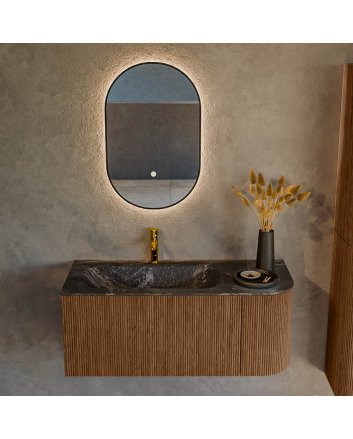 Mondiaz Kurve-Dlux 105cm badmeubel ronding Rechts kleur Walnut met 1 lade en 1 deur. Wastafel Big small Links 1 kraangat Lava.