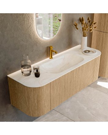 Mondiaz Kurve-Dlux 140cm badmeubel ronding Links + Rechts kleur Oak met 1 lade en 2 deuren. Wastafel Big small Midden 1 kraangat Ostra.
