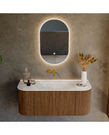 Mondiaz Kurve-Dlux 110cm badmeubel ronding Links + Rechts kleur Walnut met 1 lade en 2 deuren. Wastafel Cloud Midden zonder kraangat Opalo.