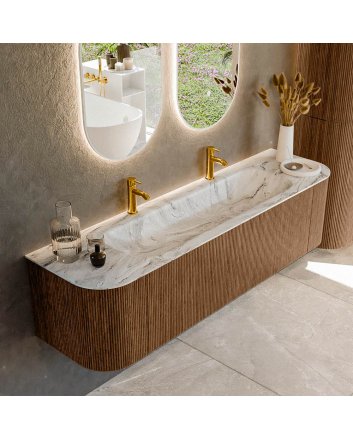 Mondiaz Kurve-Dlux 170cm badmeubel ronding Links + Rechts kleur Walnut met 1 lade en 2 deuren. Wastafel Big large Midden 2 kraangaten Glace.