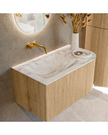 Mondiaz Kurve-Dlux 85cm badmeubel ronding Rechts kleur Oak met 1 lade en 1 deur. Wastafel Cloud Links zonder kraangat Glace.