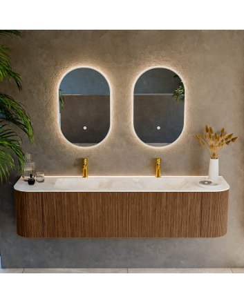 Mondiaz Kurve-Dlux 180cm badmeubel ronding Links + Rechts kleur Walnut met 2 lades en 2 deuren. Wastafel Leaf Dubbel 2 kraangaten Ostra.