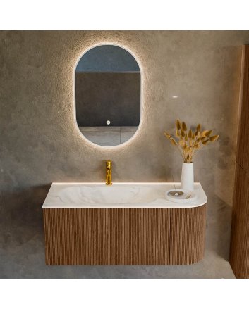 Mondiaz Kurve-Dlux 105cm badmeubel ronding Rechts kleur Walnut met 1 lade en 1 deur. Wastafel Big small Links 1 kraangat Ostra.