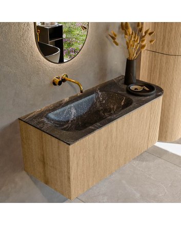 Mondiaz Kurve-Dlux 105cm badmeubel ronding Rechts kleur Oak met 1 lade en 1 deur. Wastafel Big small Links zonder kraangat Lava.