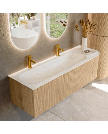 Mondiaz Kurve-Dlux 145cm badmeubel ronding Rechts kleur Oak met 1 lade en 1 deur. Wastafel Big large Links 2 kraangaten Ostra.