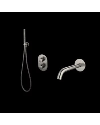 Sani DeLuxe Badset inbouw met box thermostaat, muurbevestiging / doucheslang, staafhanddouche rond Gun Metal met geribbeld knop