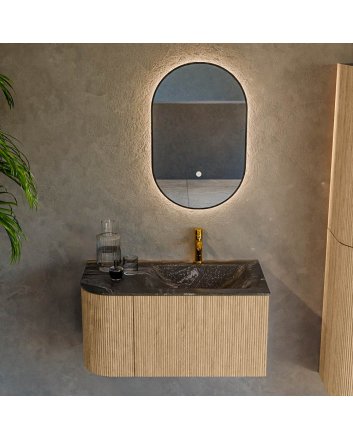 Mondiaz Kurve-Dlux 85cm badmeubel ronding Links kleur Oak met 1 lade en 1 deur. Wastafel Cloud Rechts 1 kraangat Lava.