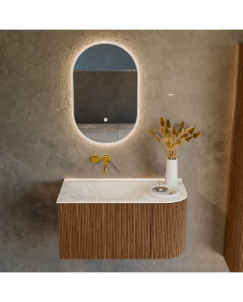 Mondiaz Kurve-Dlux 85cm badmeubel ronding Rechts kleur Walnut met 1 lade en 1 deur. Wastafel Cloud Links zonder kraangat Ostra.