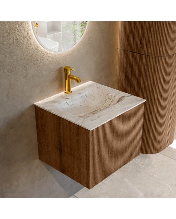 Mondiaz Kurve-Dlux 50cm badmeubel kleur Walnut met 1 lade en 0 deuren. Wastafel Grunne Midden 1 kraangat Glace.