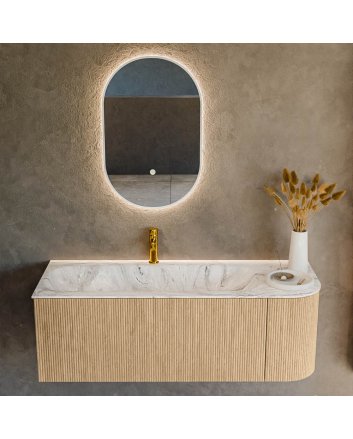 Mondiaz Kurve-Dlux 125cm badmeubel ronding Rechts kleur Oak met 1 lade en 1 deur. Wastafel Big medium Links 1 kraangat Glace.