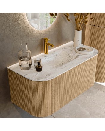 Mondiaz Kurve-Dlux 100cm badmeubel ronding Links + Rechts kleur Oak met 1 lade en 2 deuren. Wastafel Grunne Midden 1 kraangat Glace.