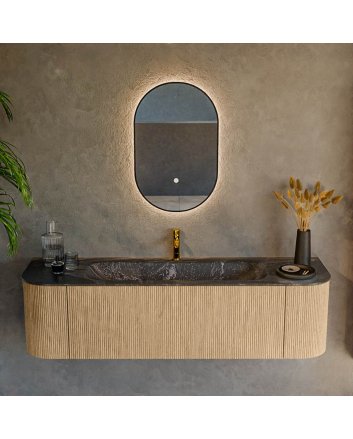 Mondiaz Kurve-Dlux 160cm badmeubel ronding Links + Rechts kleur Oak met 1 lade en 2 deuren. Wastafel Big medium Midden 1 kraangat Lava.