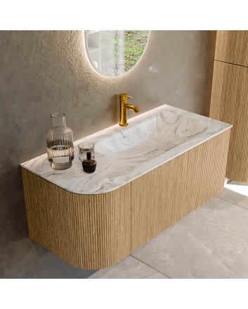 Mondiaz Kurve-Dlux 105cm badmeubel ronding Links kleur Oak met 1 lade en 1 deur. Wastafel Big small Rechts 1 kraangat Glace.