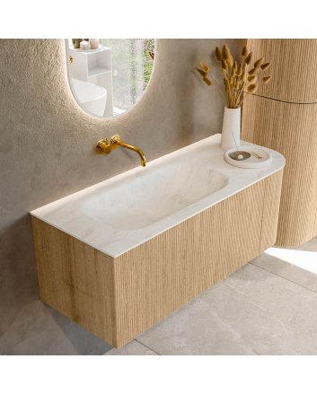 Mondiaz Kurve-Dlux 115cm badmeubel ronding Rechts kleur Oak met 1 lade en 1 deur. Wastafel Big small Links zonder kraangat Opalo.