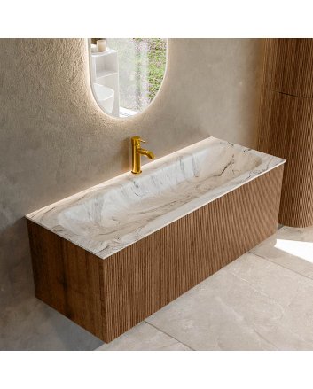 Mondiaz Kurve-Dlux 120cm badmeubel kleur Walnut met 1 lade en 0 deuren. Wastafel Big large Midden 1 kraangat Glace.