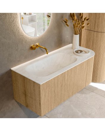 Mondiaz Kurve-Dlux 105cm badmeubel ronding Rechts kleur Oak met 1 lade en 1 deur. Wastafel Big small Links zonder kraangat Opalo.