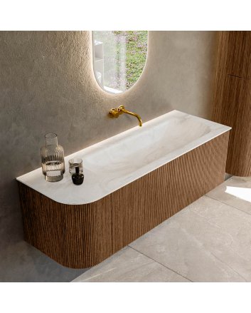 Mondiaz Kurve-Dlux 135cm badmeubel ronding Links kleur Walnut met 1 lade en 1 deur. Wastafel Big medium Rechts zonder kraangat Ostra.