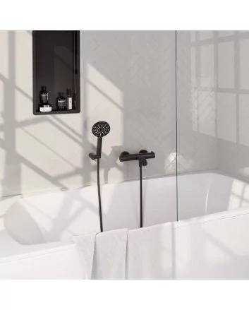 BRAUER Black Carving opbouw baddouche thermostaatkraan SET 04 met wandhouder en 3-standen handdouche en doucheslang mat zwart
