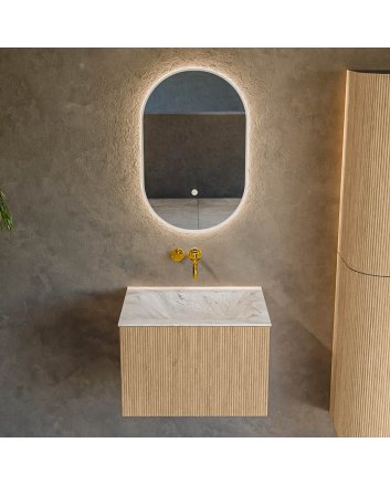Mondiaz Kurve-Dlux 60cm badmeubel kleur Oak met 1 lade en 0 deuren. Wastafel Cloud Midden zonder kraangat Glace.