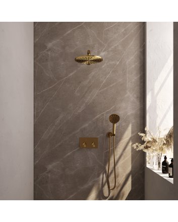 BRAUER Gold Edition thermostatische inbouw regendouche met drukknoppen SET 56 met 30 cm douchekop en rechte muurarm en 3-standen handdouche en doucheslang en wandaansluitbocht goud geborsteld PVD