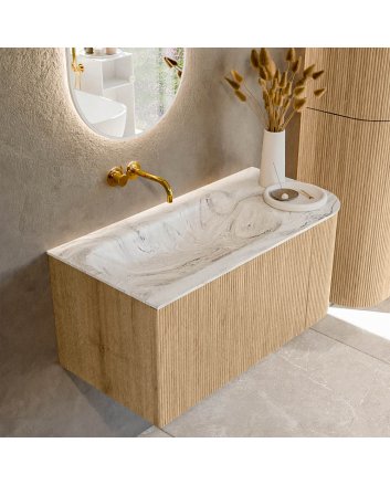 Mondiaz Kurve-Dlux 95cm badmeubel ronding Rechts kleur Oak met 1 lade en 1 deur. Wastafel Big small Links zonder kraangat Glace.
