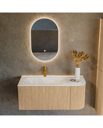 Mondiaz Kurve-Dlux 105cm badmeubel ronding Rechts kleur Oak met 1 lade en 1 deur. Wastafel Big small Links 1 kraangat Ostra.