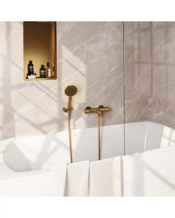 BRAUER Gold Carving opbouw baddouche thermostaatkraan SET 04 met wandhouder en 3-standen handdouche en doucheslang goud geborsteld PVD