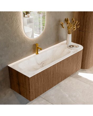 Mondiaz Kurve-Dlux 135cm badmeubel ronding Rechts kleur Walnut met 1 lade en 1 deur. Wastafel Big medium Links 1 kraangat Frappe.