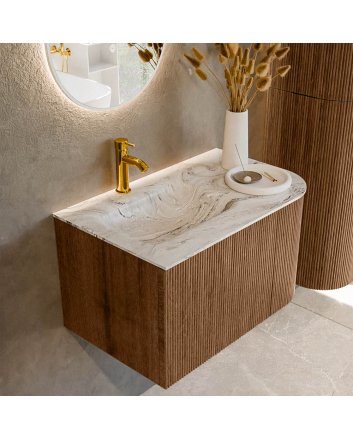 Mondiaz Kurve-Dlux 75cm badmeubel ronding Rechts kleur Walnut met 1 lade en 1 deur. Wastafel Grunne Links 1 kraangat Glace.