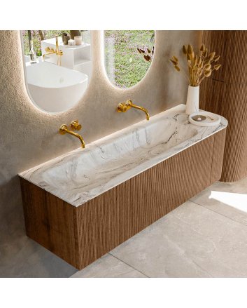 Mondiaz Kurve-Dlux 145cm badmeubel ronding Rechts kleur Walnut met 1 lade en 1 deur. Wastafel Big large Links zonder kraangat Glace.