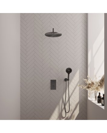 BRAUER Gunmetal Carving thermostatische inbouw regendouche 3-weg omstelling SET 34 met 30 cm douchekop en gebogen muurarm en 3-standen handdouche en doucheslang en wandaansluitbocht gunmetal geborsteld PVD