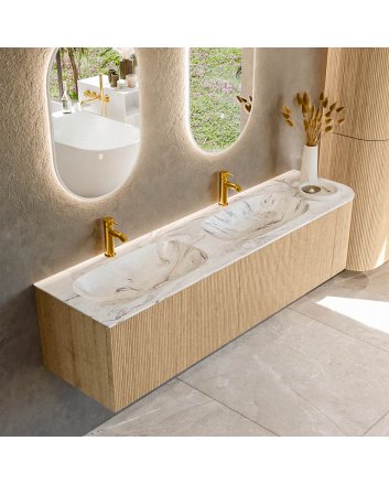 Mondiaz Kurve-Dlux 175cm badmeubel ronding Rechts kleur Oak met 2 lades en 1 deur. Wastafel Stor small Dubbel / Links 2 kraangaten Glace.