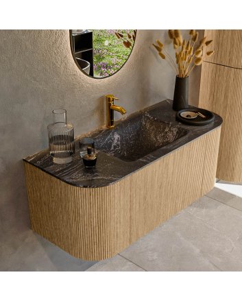 Mondiaz Kurve-Dlux 110cm badmeubel ronding Links + Rechts kleur Oak met 1 lade en 2 deuren. Wastafel Cloud Midden 1 kraangat Lava.