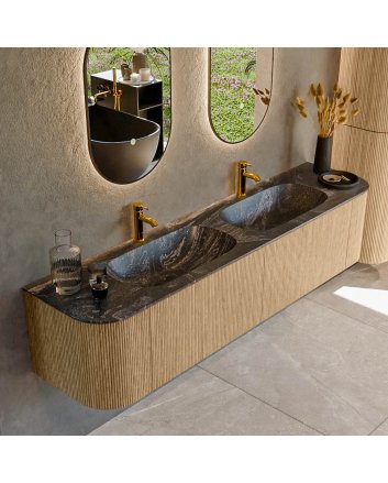 Mondiaz Kurve-Dlux 190cm badmeubel ronding Links + Rechts kleur Oak met 2 lades en 2 deuren. Wastafel Stor small Dubbel 2 kraangaten Lava.
